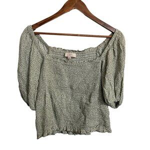 LOFT Womens Green Polka Dot Puff Sleeve Smocked Off Shoulder Cropped Blouse XXS